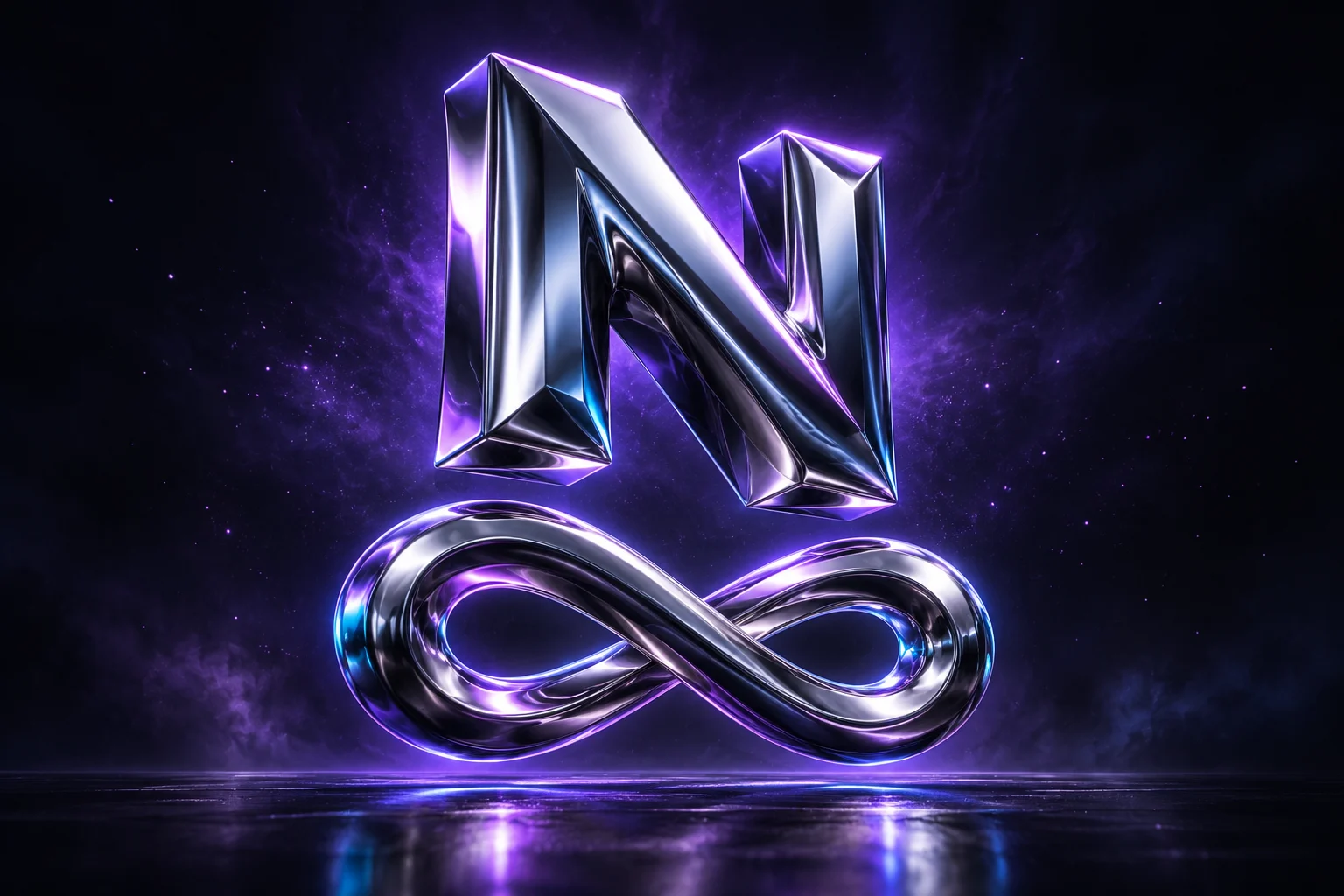 Sculptural chrome N above a violet-lit infinity symbol
